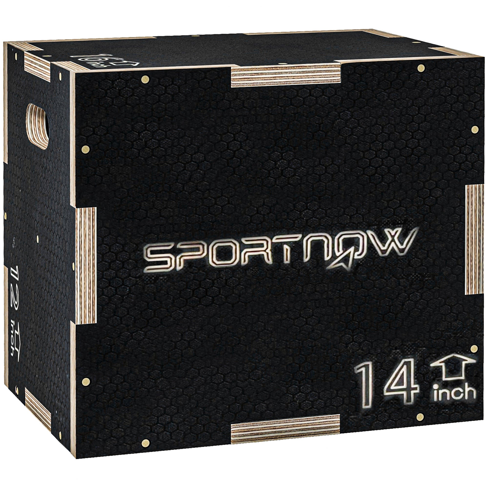 Black sportnow 14-inch wooden jump box with textured surface and light wood trim for home gym workouts