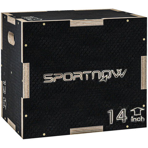 Black sportnow 14-inch wooden jump box with textured surface and light wood trim for home gym workouts