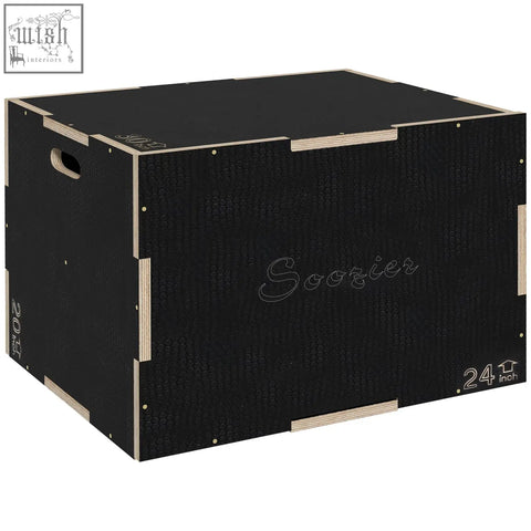 Black 24-inch sportnow jump box with textured surface wood trim offers three adjustable heights for gym or home use