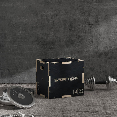 Black wooden sportnow 14-inch jump box with light wood trim and silver logo for home gym exercise use