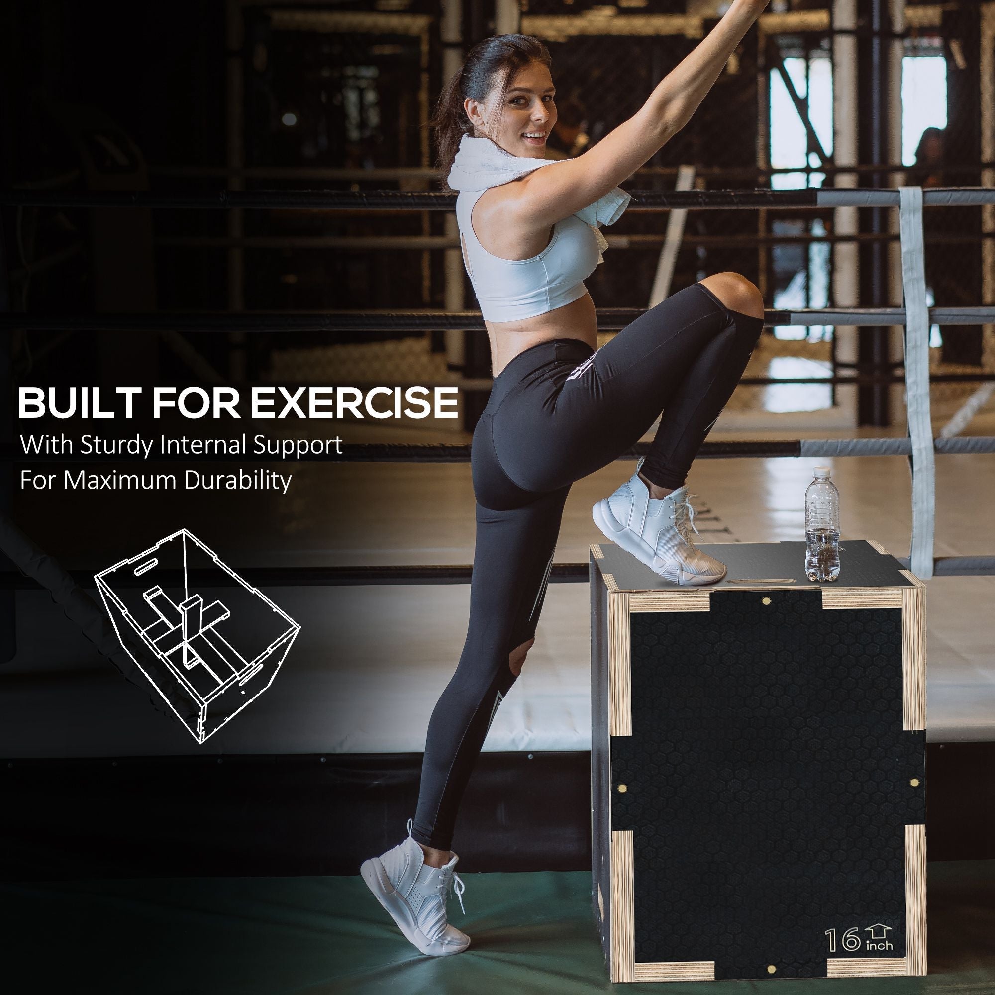 Black and wood finished sportnow 16 inch jump box with sturdy internal support for home and gym workouts