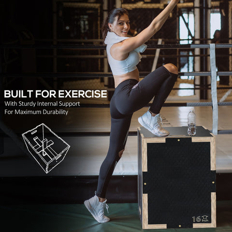 Black and wood finished sportnow 16 inch jump box with sturdy internal support for home and gym workouts