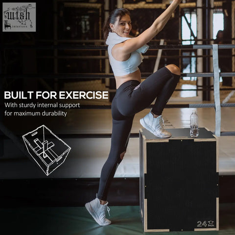 Black 24-inch wooden plyo jump box with three adjustable heights and reinforced support for gym and home exercise
