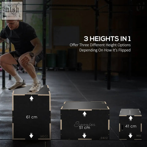 Black wooden sportnow jump box with light wood trim and three adjustable heights for home gym exercise