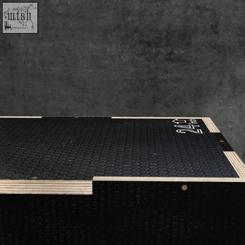 Sportnow black rubber-coated wooden ply jump box with white 24 branding and three adjustable heights for gym use