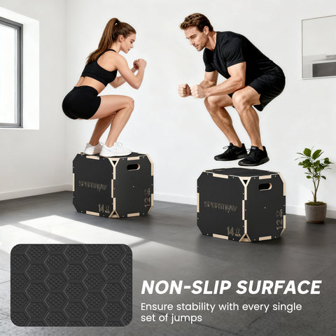 Black and beige wooden sportmax jump box with non-slip hex textured surface 14 inches high for plyo training