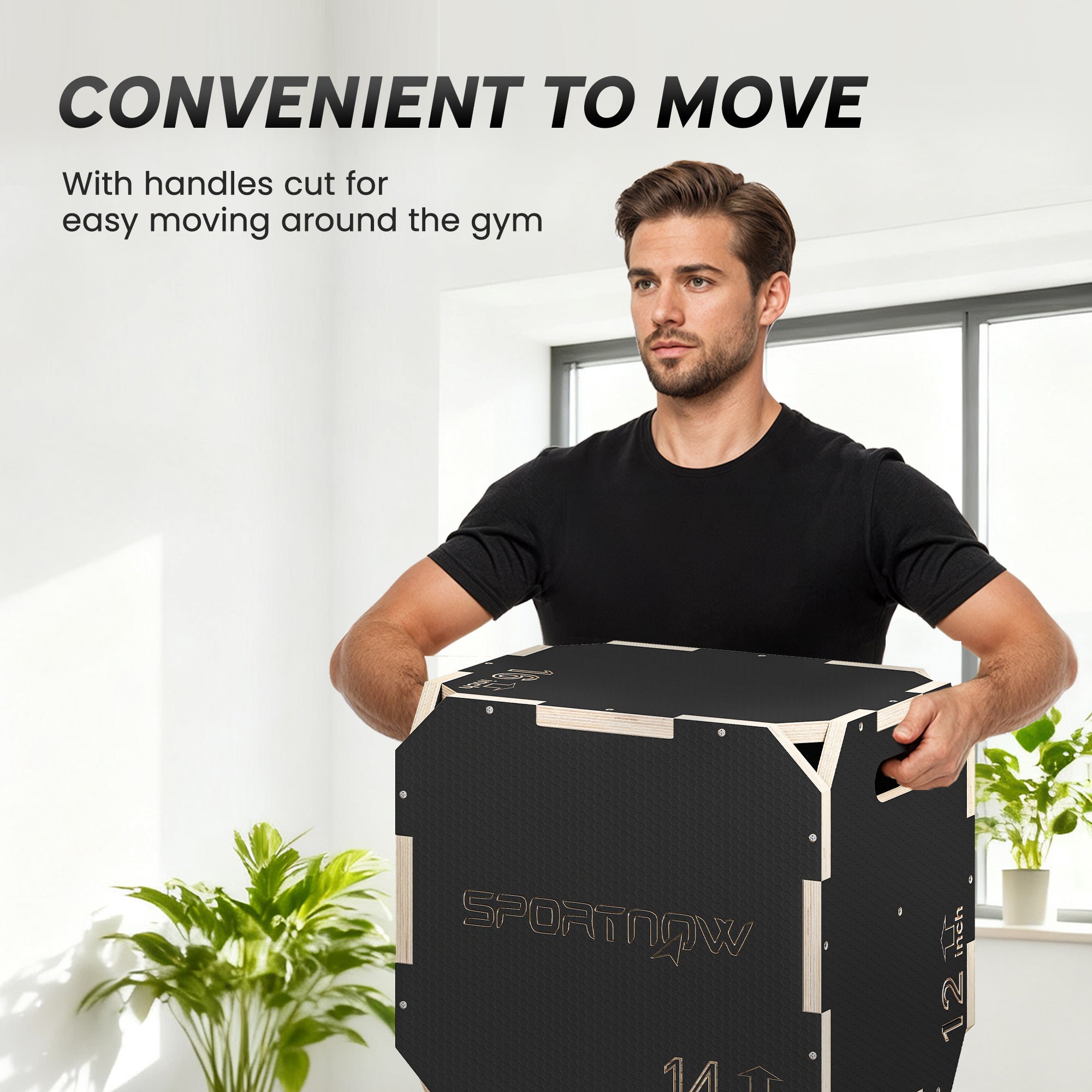 Black sportnow non-slip jump box with white handles and trim wooden plyometric box for gym use 31x36x41 cm