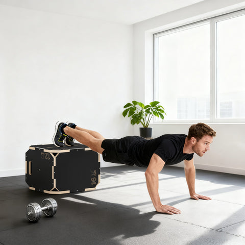 Sportnow black wooden non-slip jump box with light wood trim and white branding for safe plyometric training