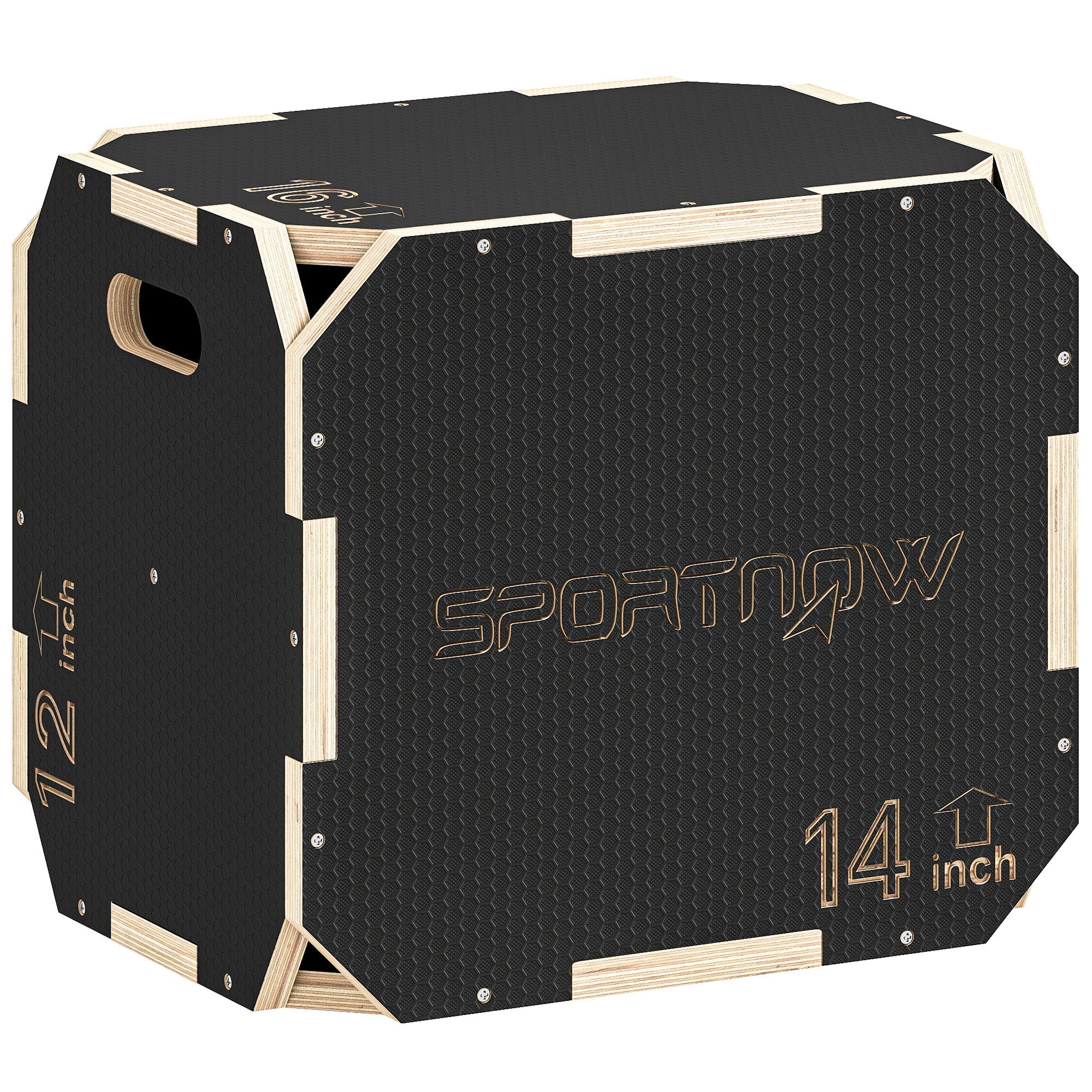 Black sportnow jump box with textured surface and light wood trim featuring embossed dimensions and branding