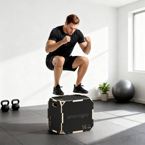 Black and beige sportnow non slip jump box with reinforced wooden edges and corner free design for plyometric training