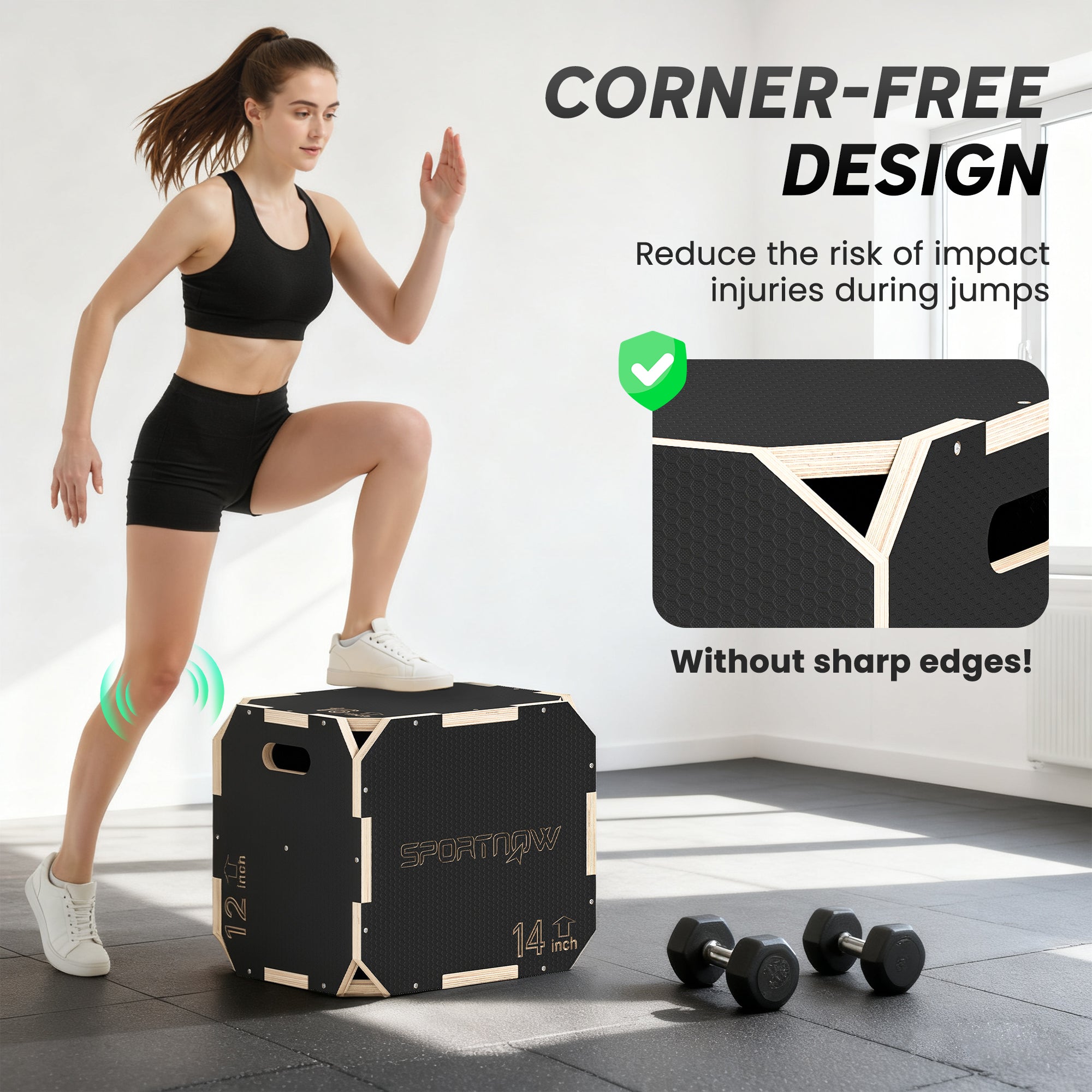 Black and light wood sportiq plyometric jump box with corner-free design non-slip wooden jump box 31x36x41 cm