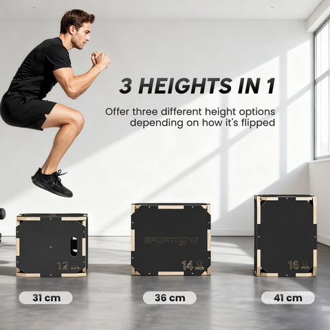 Black and wood finished sportnow non-slip wooden jump box with corner-free design and 12, 14, or 16 inch heights