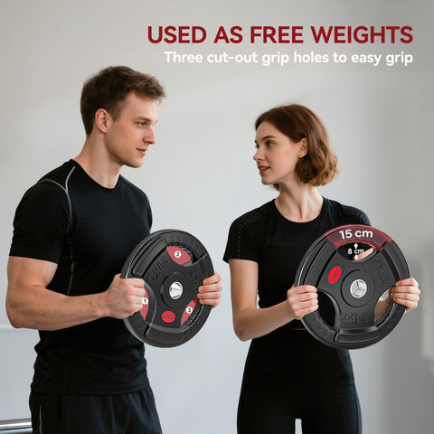 Sportnow olympic weight plate in black with red accents and three grip holes for easy handling during workouts