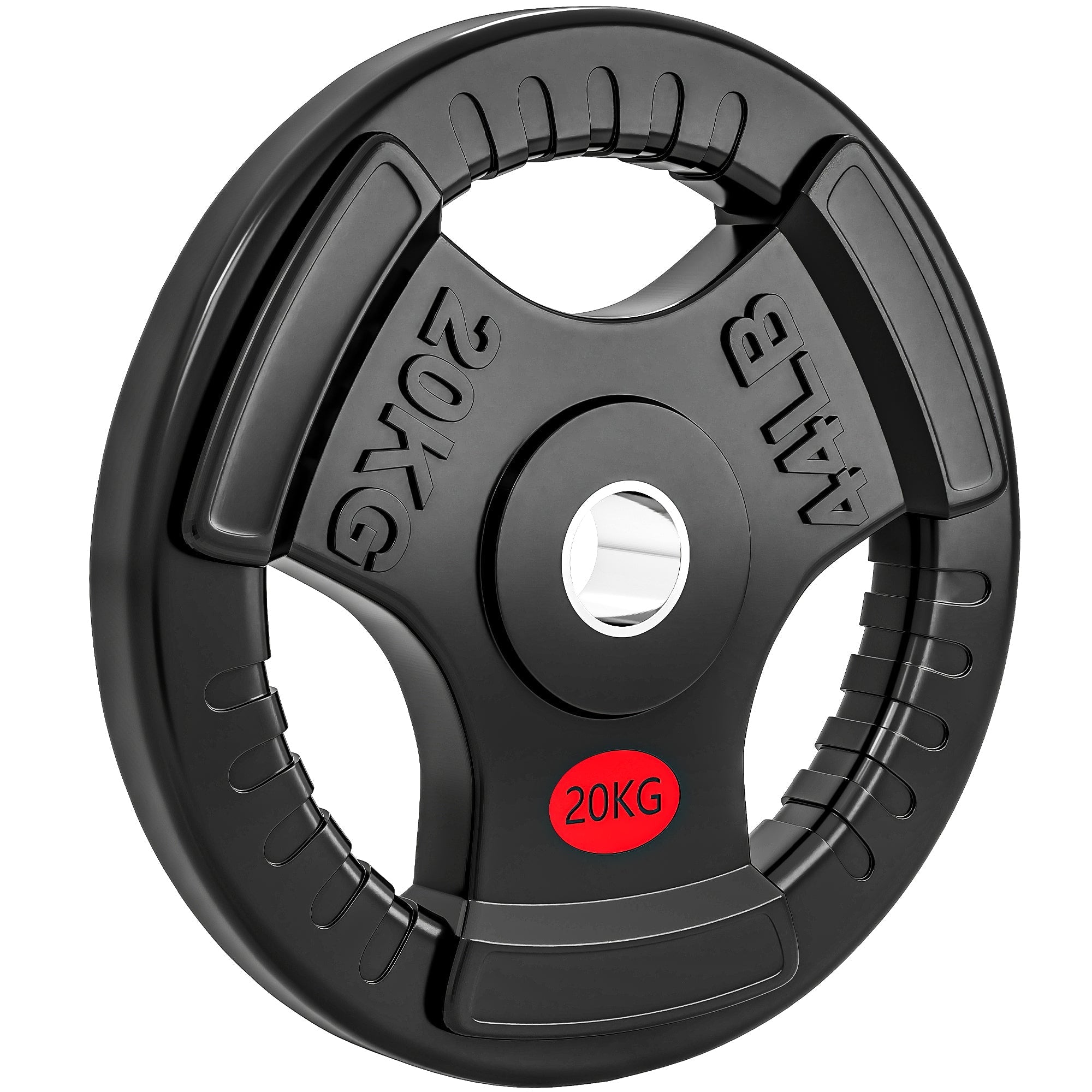 Black rubber-coated sportnow olympic weight plate 20kg with red label and 441b marking for strength training