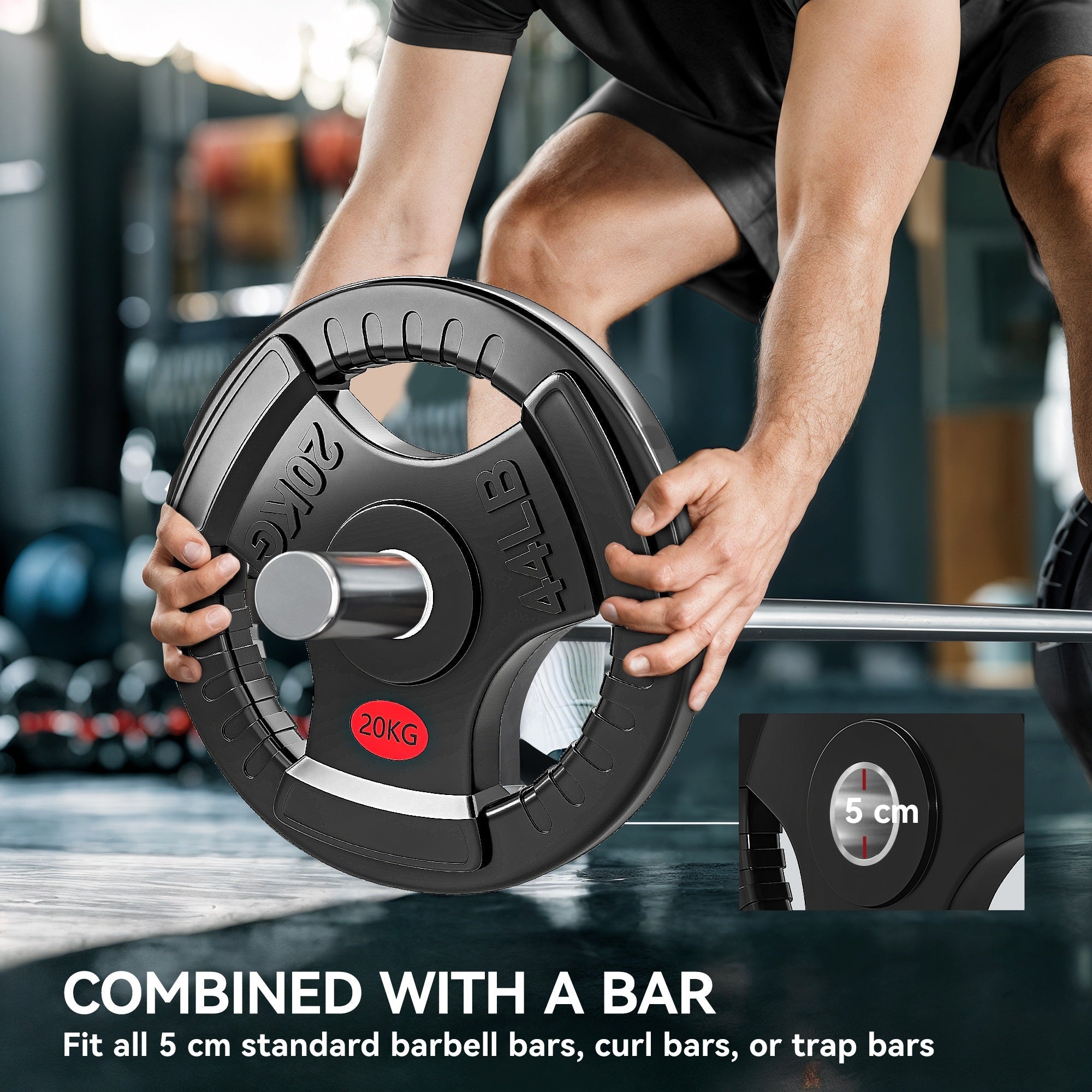 Black 20kg olympic weight plate with textured tri-grip design and silver center hub for strength training