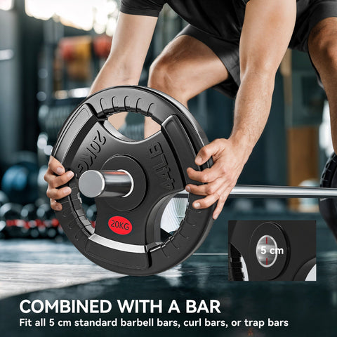 Black 20kg olympic weight plate with textured tri-grip design and silver center hub for strength training