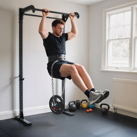 Black metal pull-up bar with adjustable height and safety features for sportnow olympic weight plate workouts