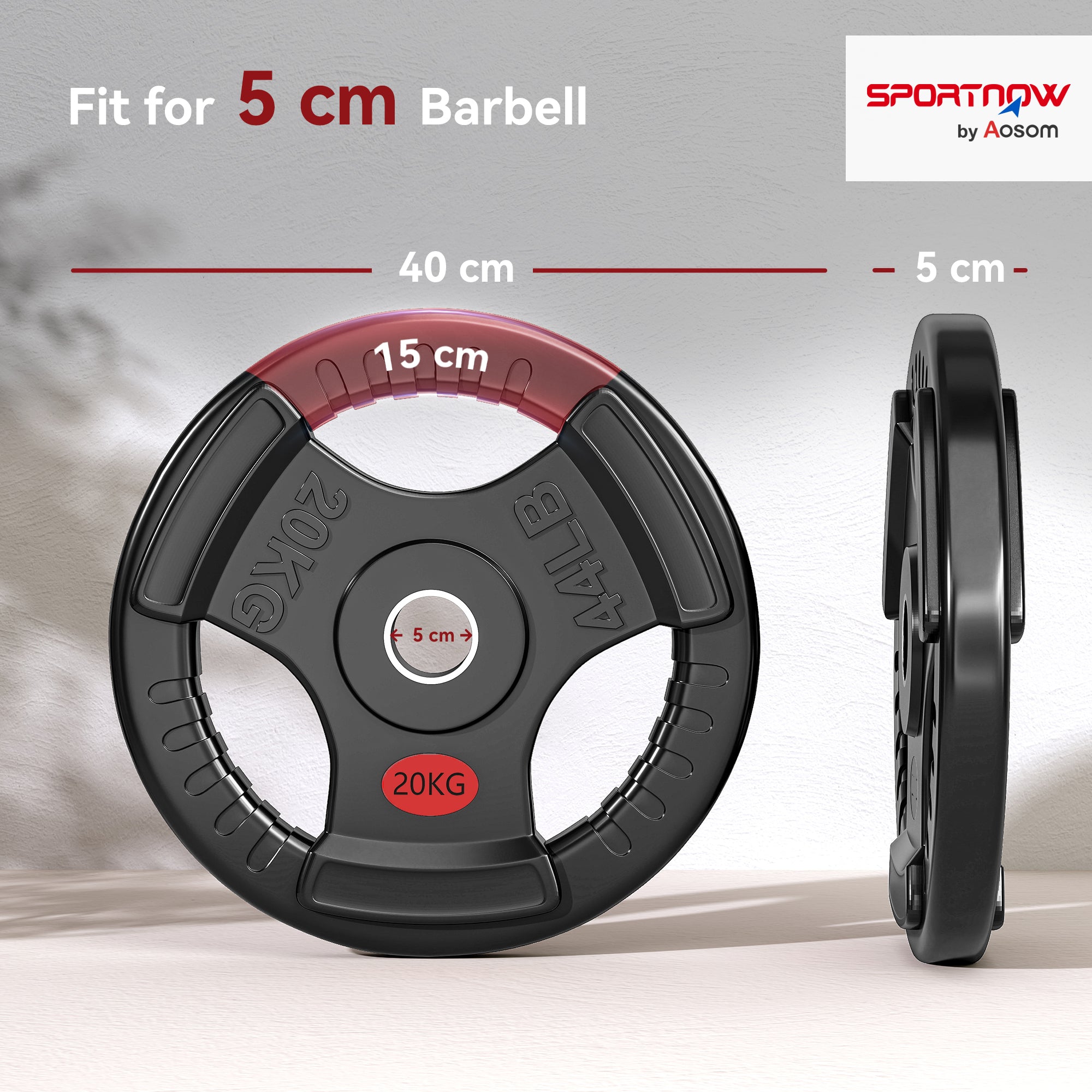 Black and red sportnow olympic weight plate 20kg with tri-grip textured surface for 5cm barbell weightlifting