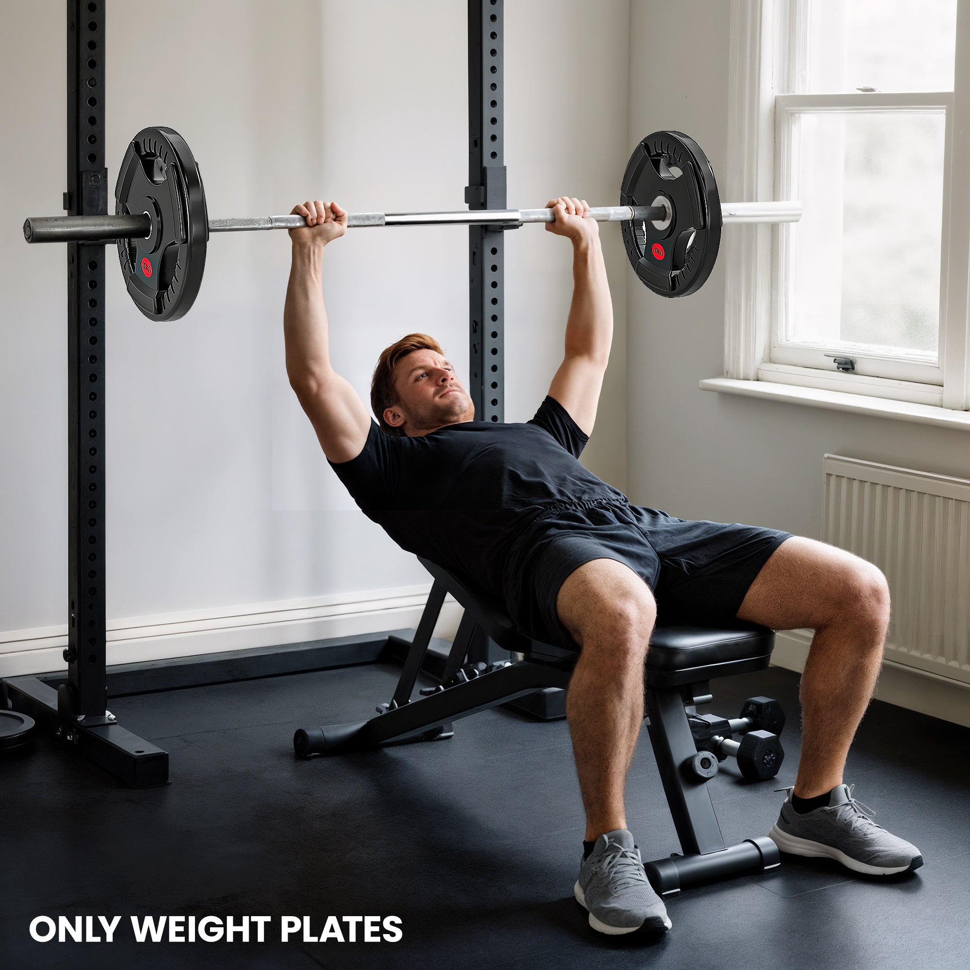 Black sportnow olympic weight plate with red center markings and tri-grips for home gym strength training