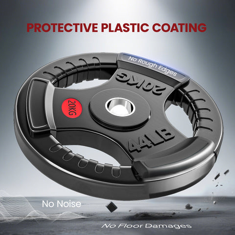 Black sportnow olympic weight plate 20kg with red label and protective plastic coating for home gym workouts