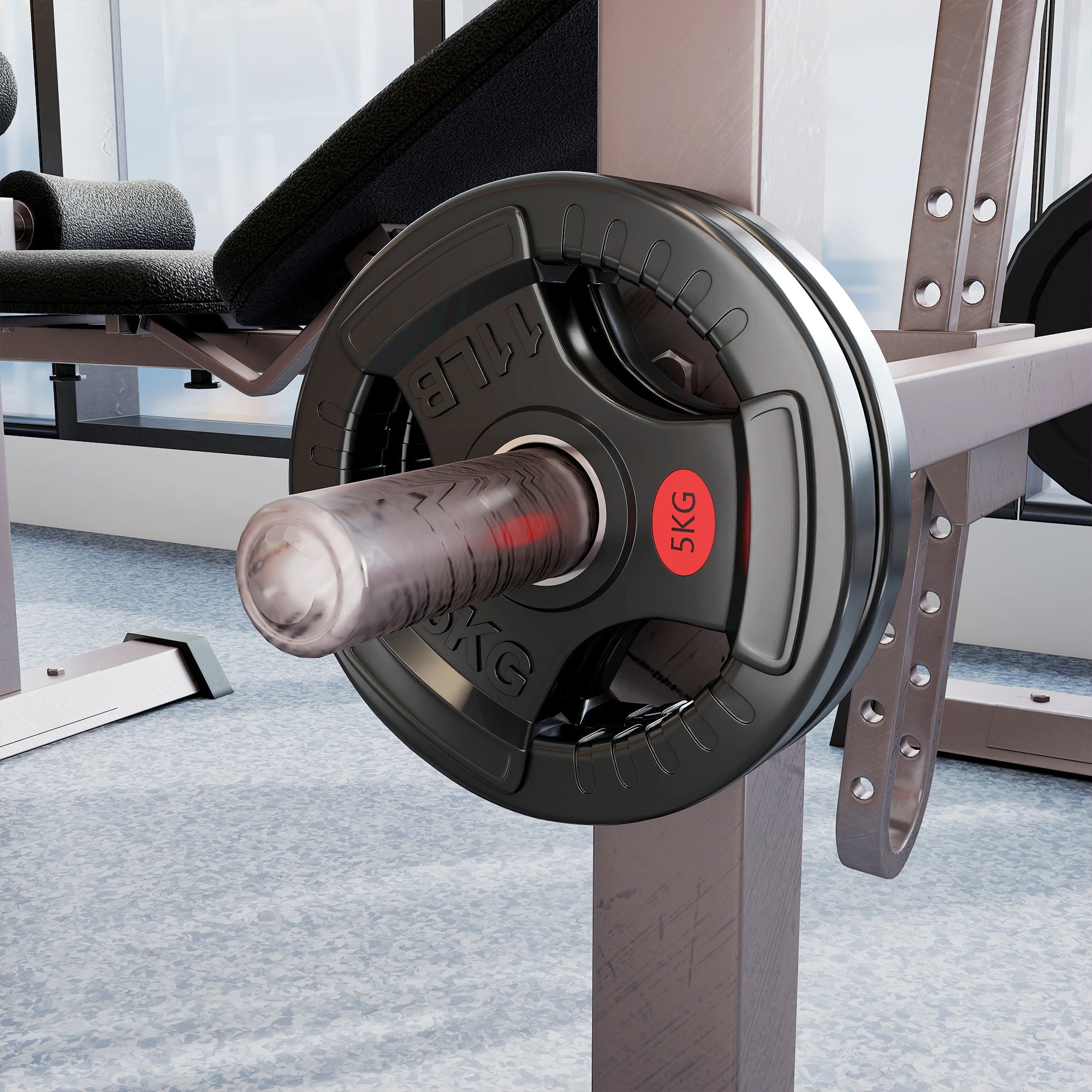 Black 5kg sportnow olympic weight plates with red label and grip holes for strength training and home gym workouts