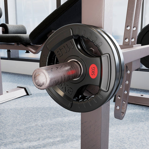 Black 5kg sportnow olympic weight plates with red label and grip holes for strength training and home gym workouts