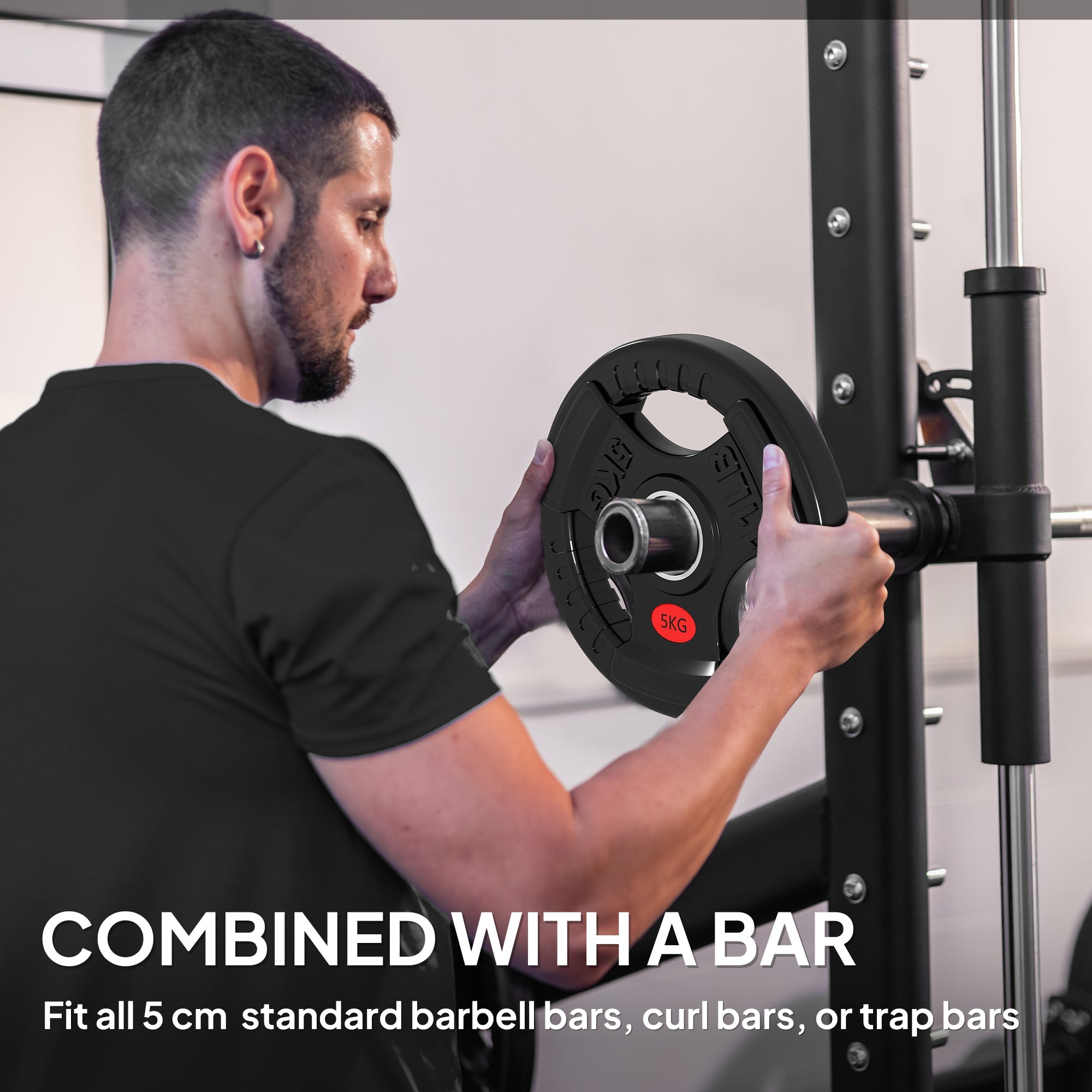 Black sportnow olympic weight plates 5kg with textured grip and red label for home gym strength training