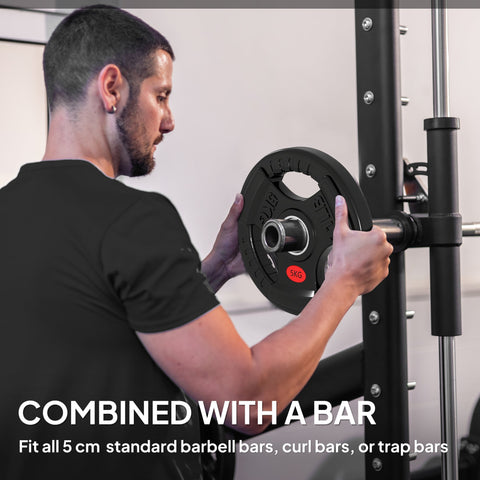 Black sportnow olympic weight plates 5kg with textured grip and red label for home gym strength training