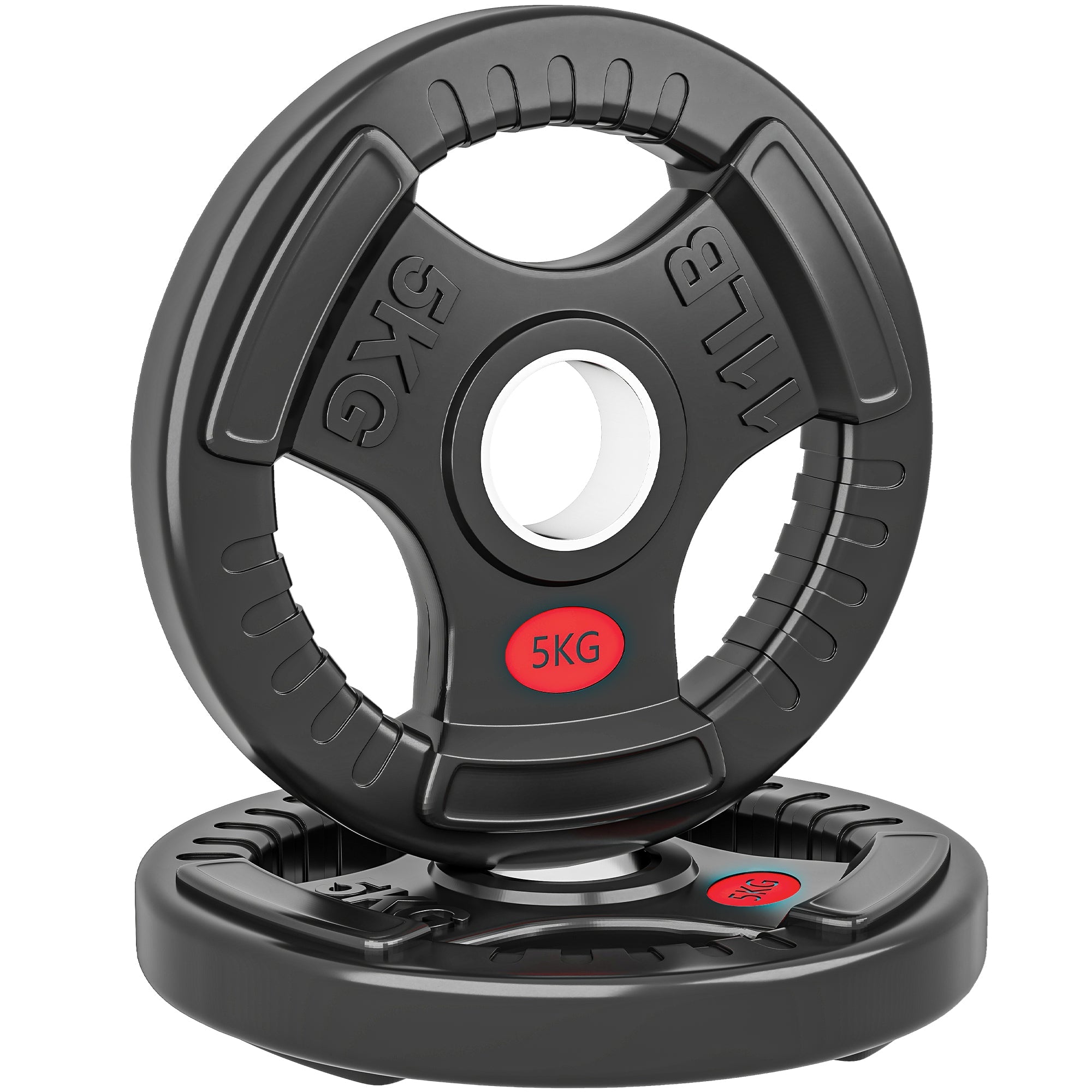 Black 5kg sportnow olympic weight plates with grip holes and red labeling for home gym strength training