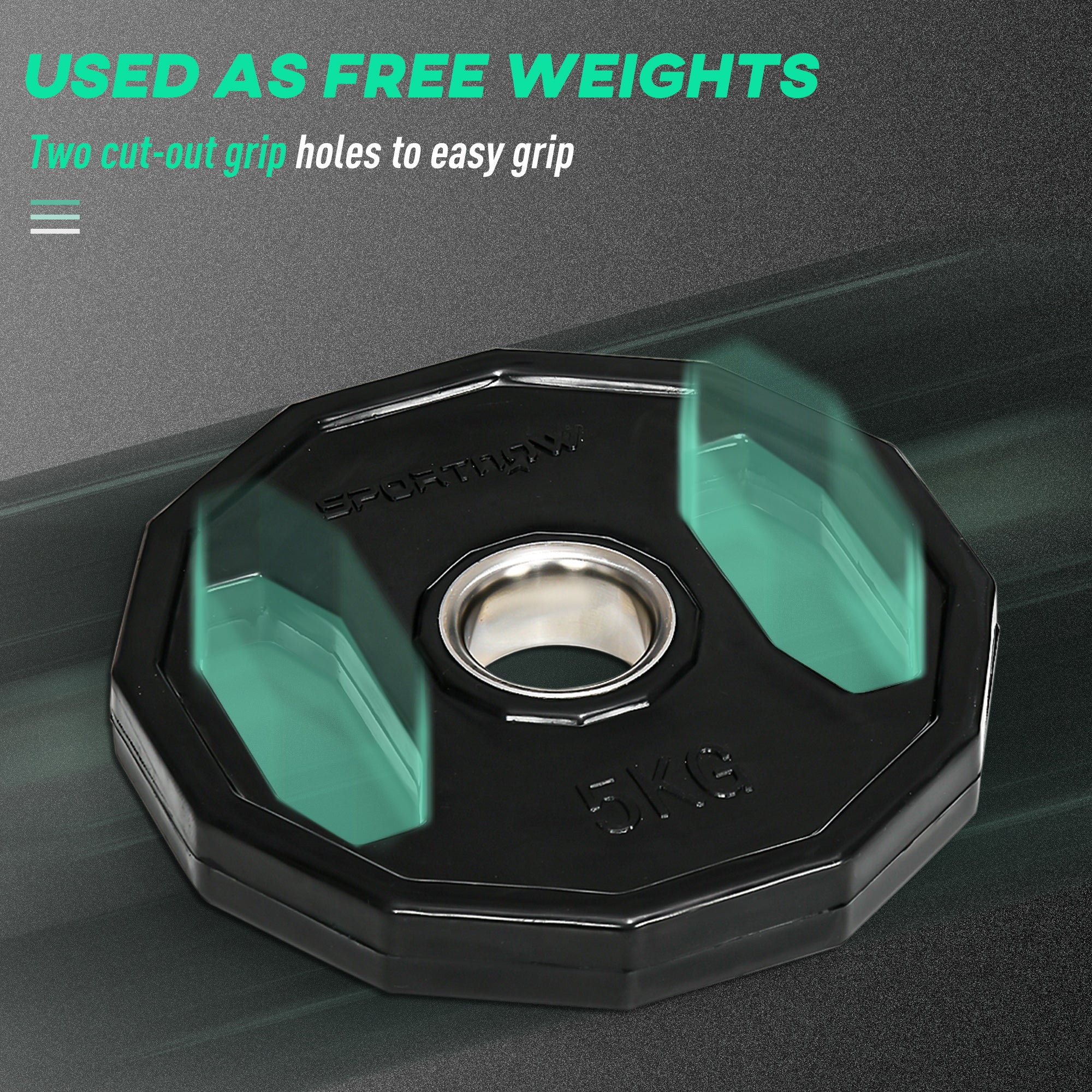 Black sportmix 5kg weight plate with teal grips and central hole made of robust steel for home gym strength training