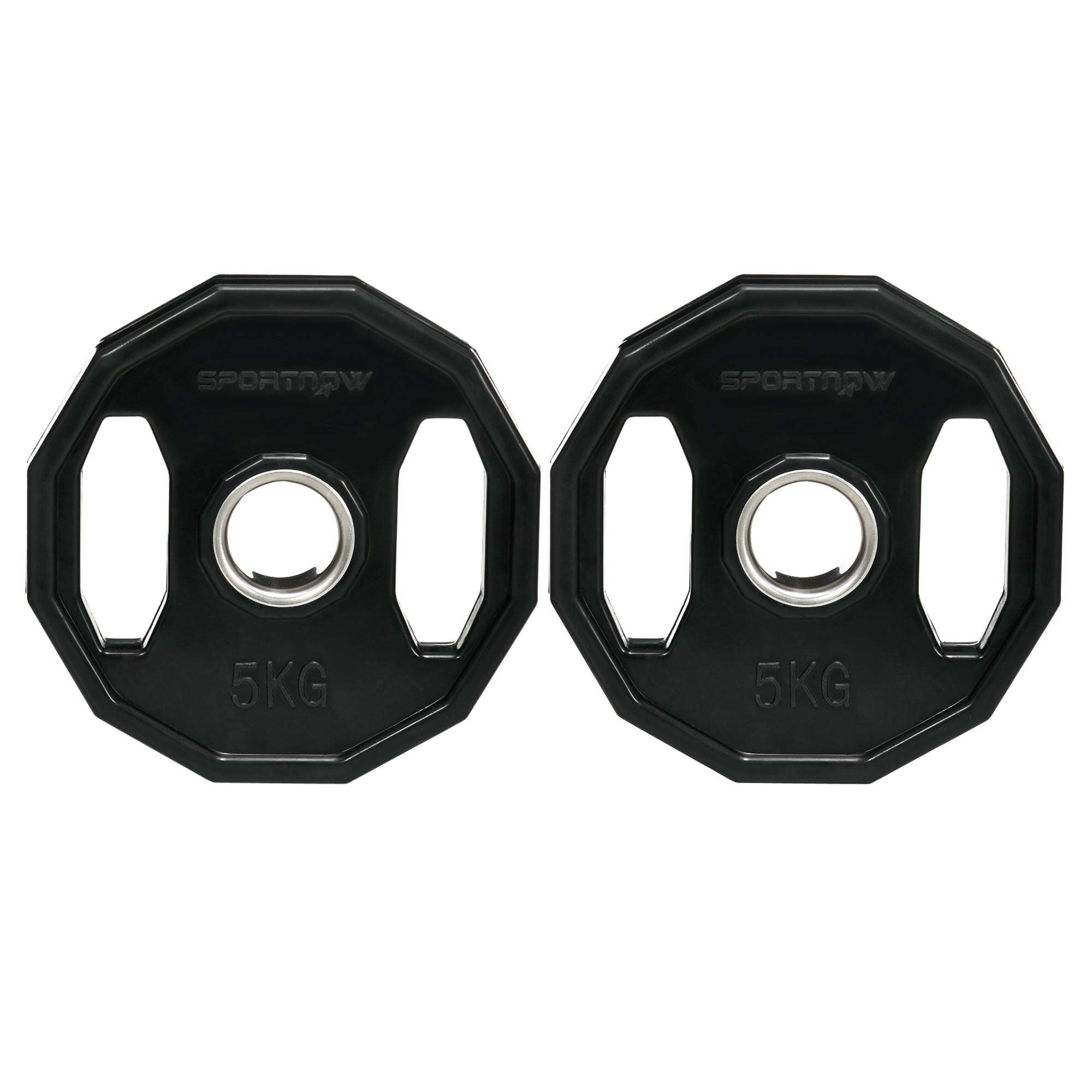Black octagonal sportnow 5kg weight plates with silver hub made of robust steel for home gym strength training
