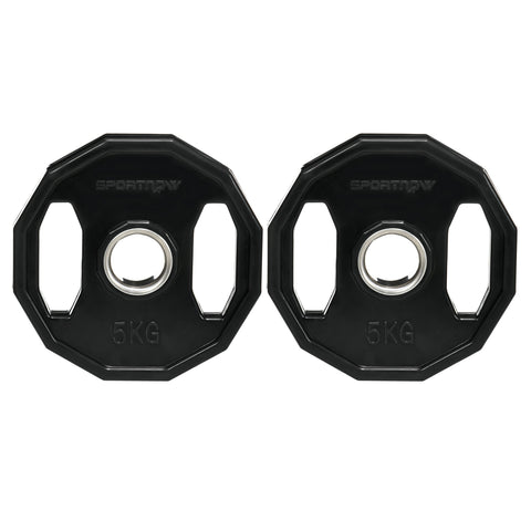 Black octagonal sportnow 5kg weight plates with silver hub made of robust steel for home gym strength training