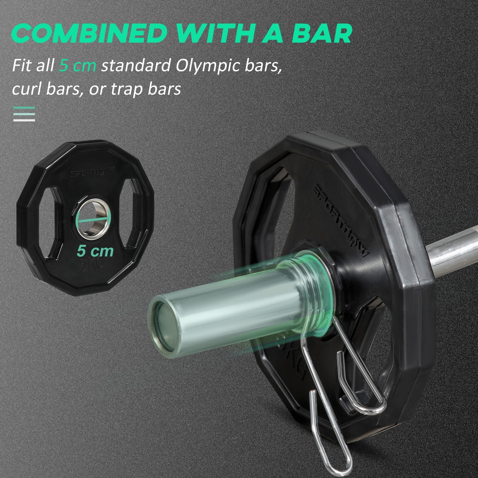 Black octagonal sportnow weight plate with robust steel hooks and 2 inch hole for home gym strength training
