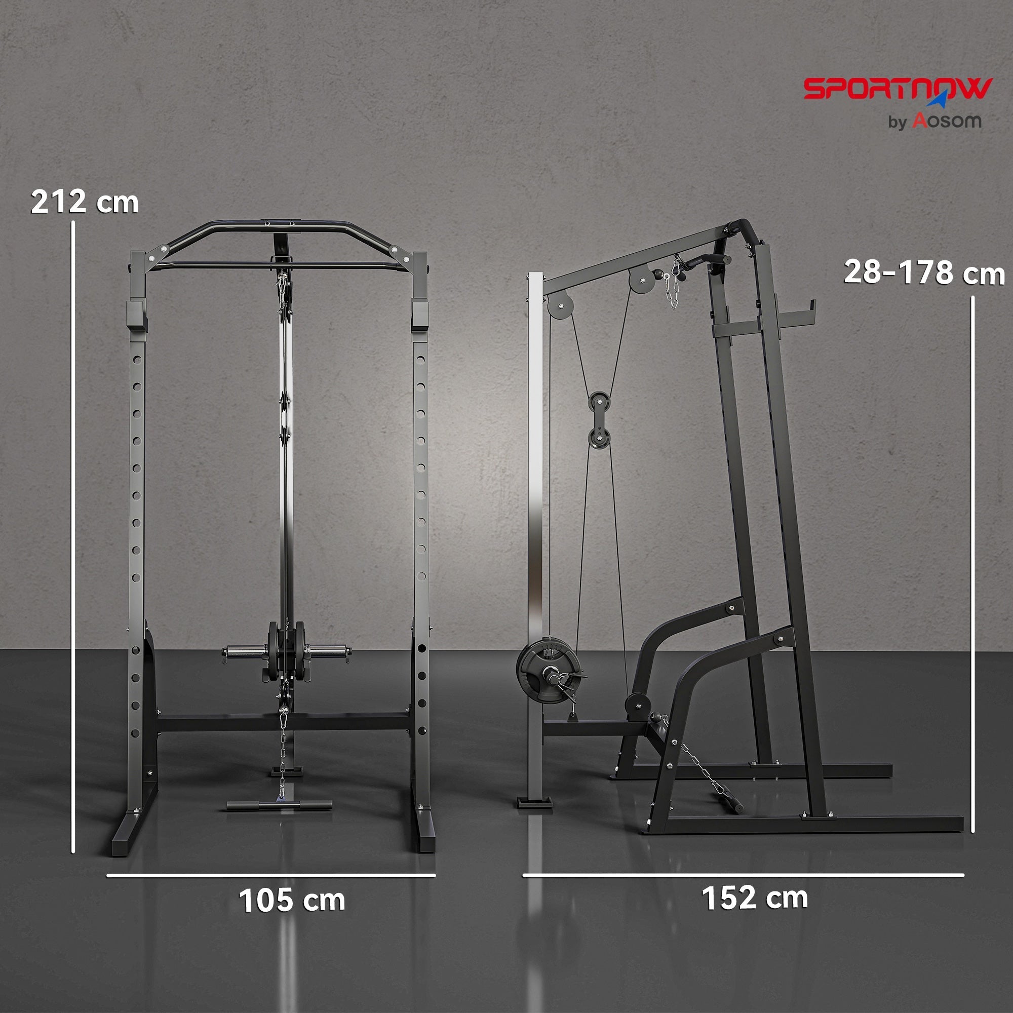 Black metal sportnow power cage barbell rack with 15-level squat rack and cable pulley system for home gym use