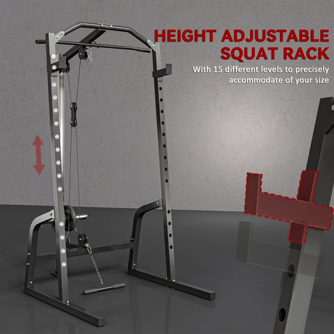 Black sportnow power cage barbell rack with 15-level adjustable squat rack for precise height sizing