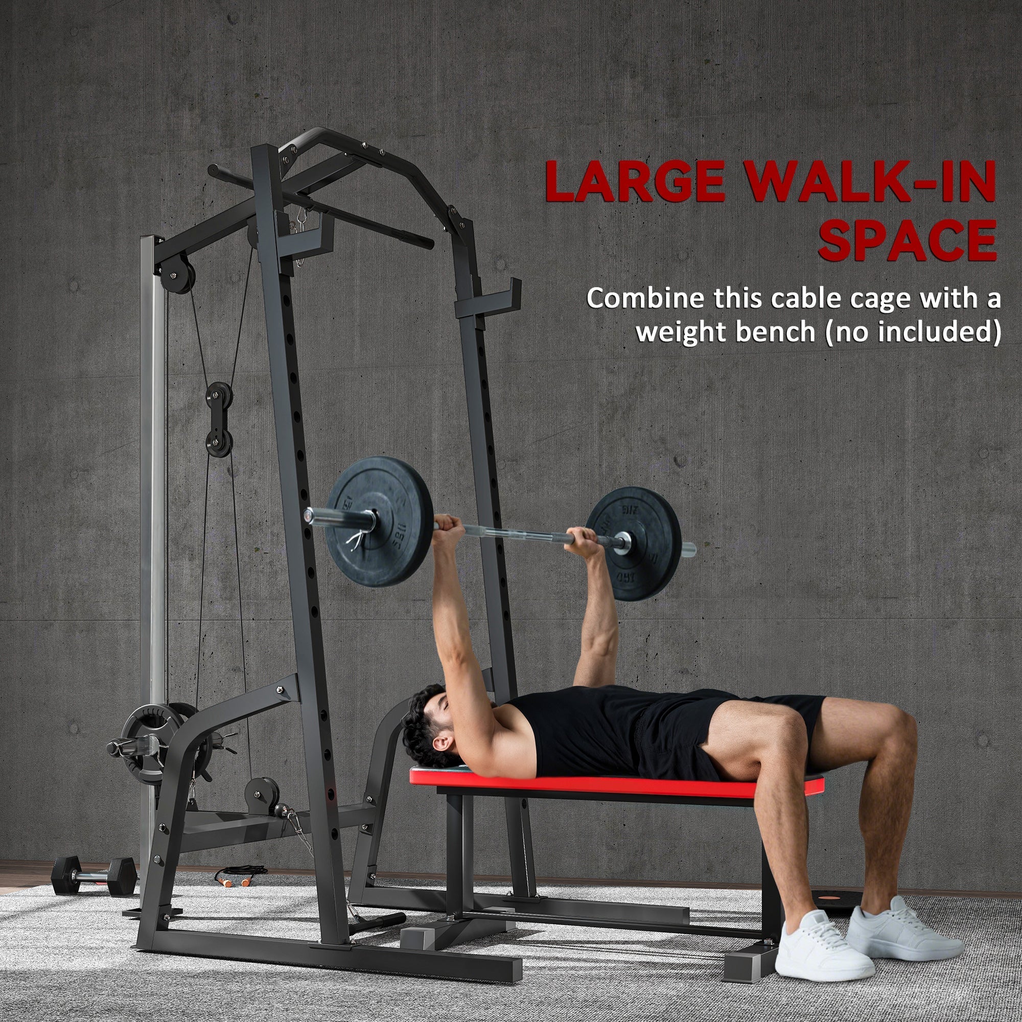 Black metal sportnow power cage with red weight bench and barbell rack for squats and lat pulldown exercises