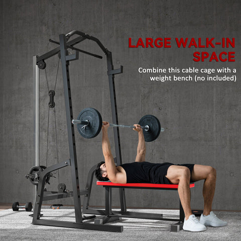 Black metal sportnow power cage with red weight bench and barbell rack for squats and lat pulldown exercises