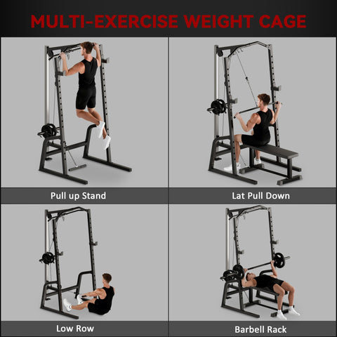 Black SportNow power cage barbell rack with adjustable height and multiple attachments for versatile workouts