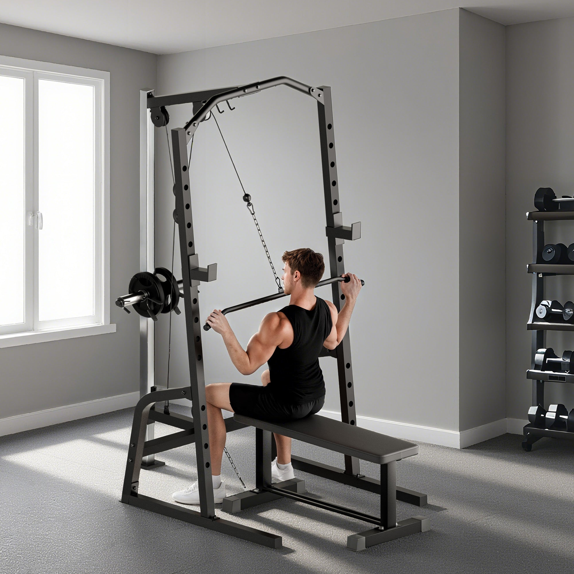 Black metal sportnow power cage with 15-level squat rack, adjustable bench, cable pulley system, and pull up bar