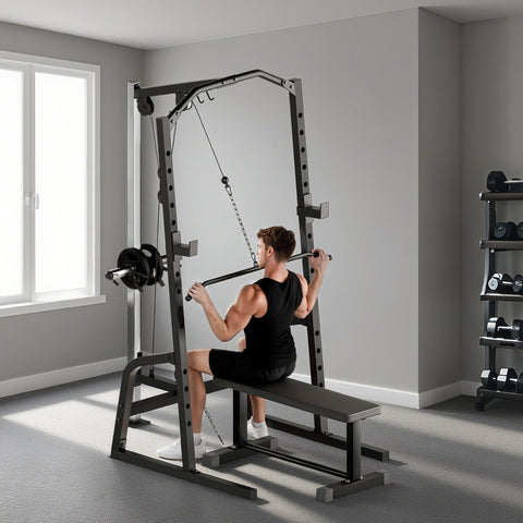 Black metal sportnow power cage with 15-level squat rack, adjustable bench, cable pulley system, and pull up bar