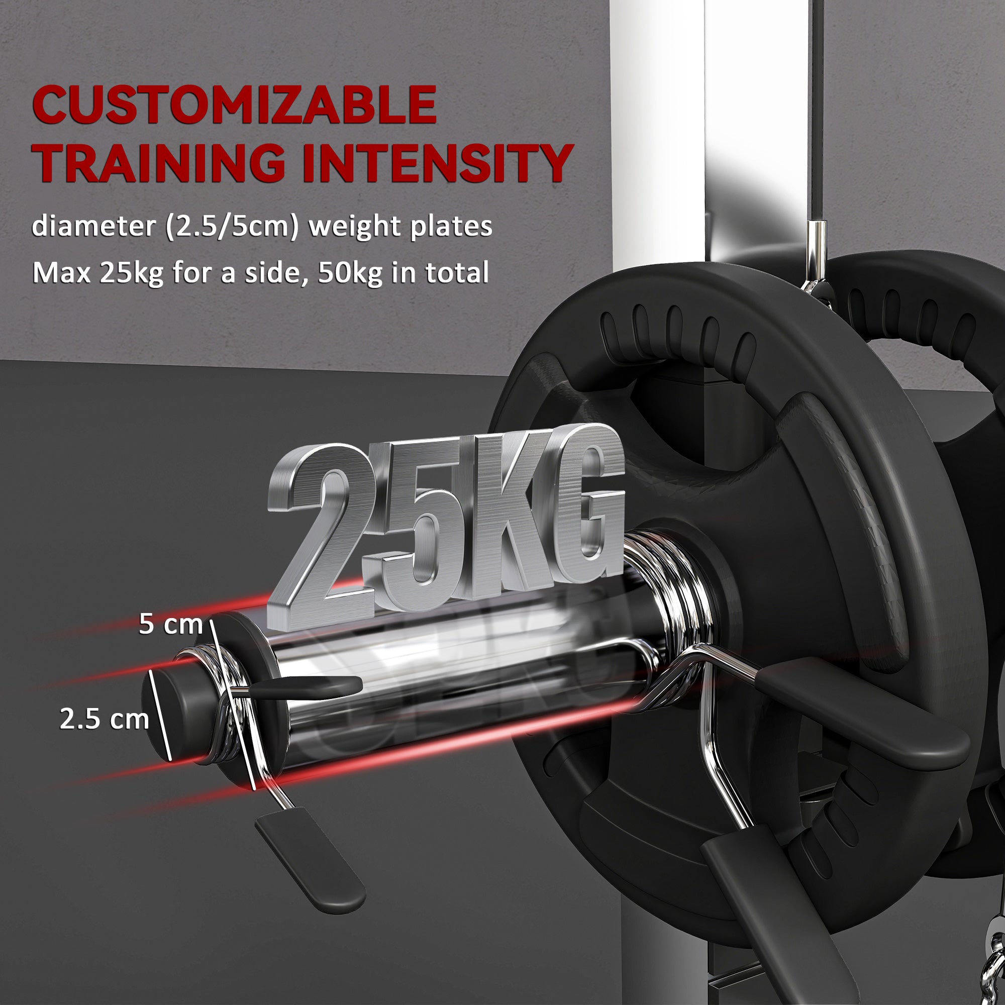 Black 25kg weight plate with silver metal center and rubber grip for sportnow power cage barbell rack setup
