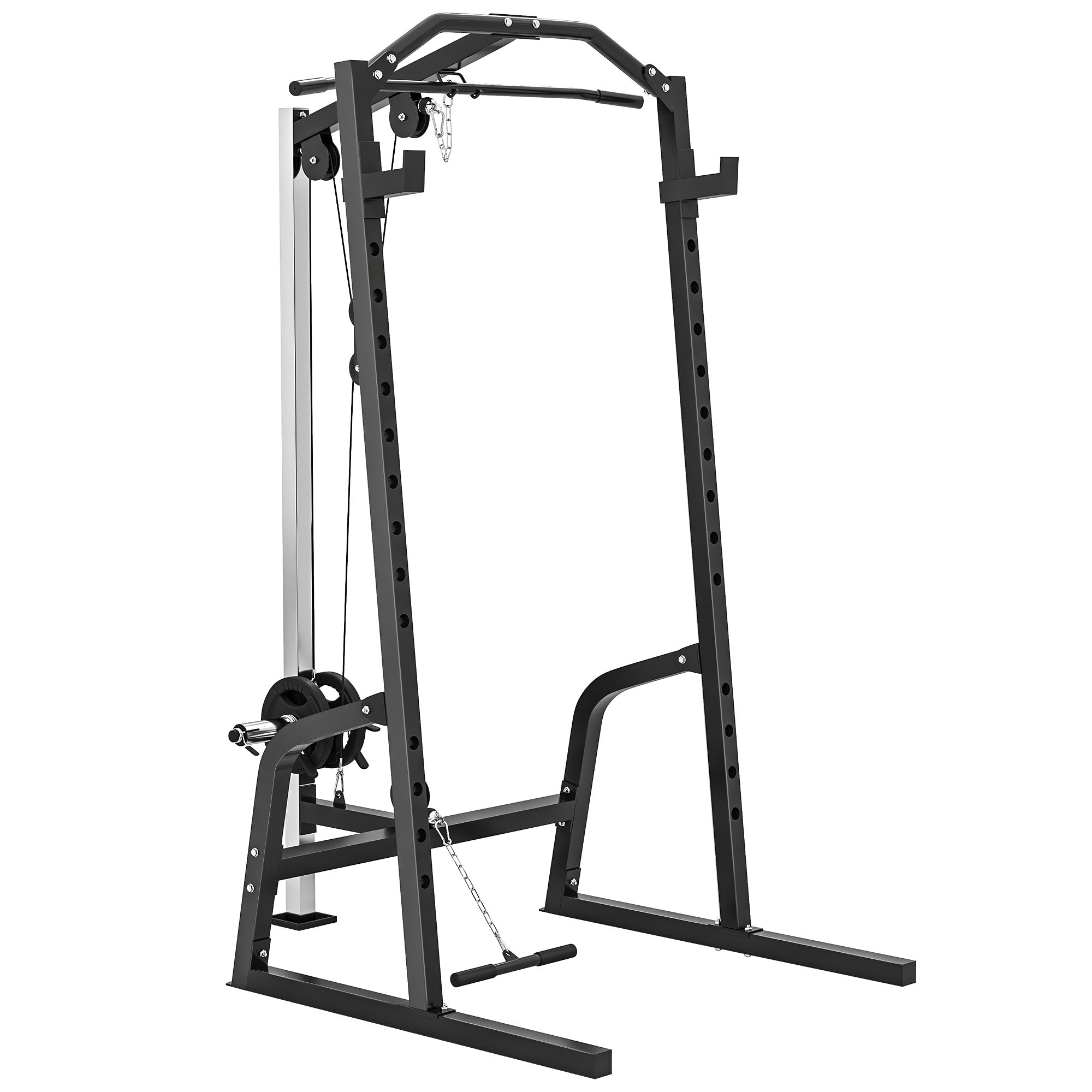 Black metal sportnow power cage with adjustable height 15-level barbell rack and cable pulley system