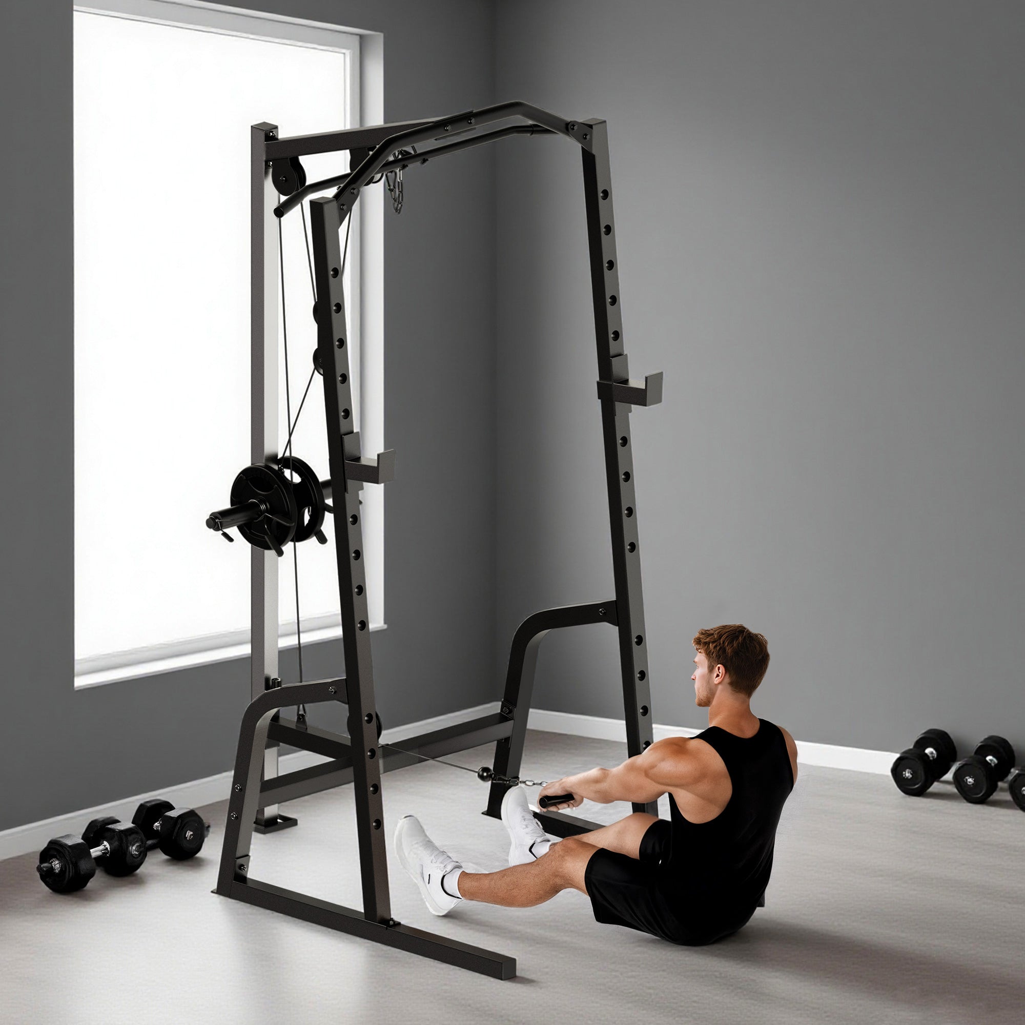 Black metal sportnow power cage power rack with 15-level squat rack and cable pulley system for barbell workouts