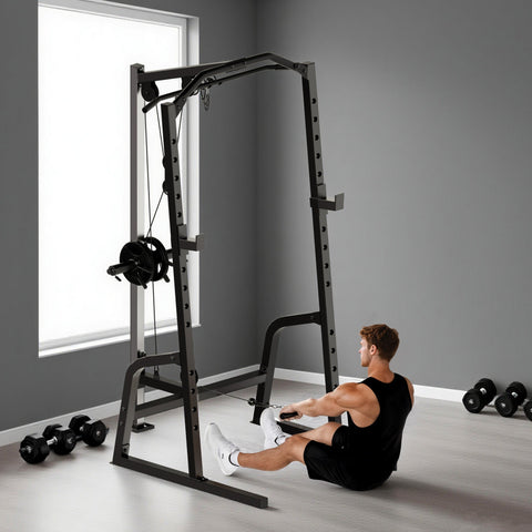 Black metal sportnow power cage power rack with 15-level squat rack and cable pulley system for barbell workouts