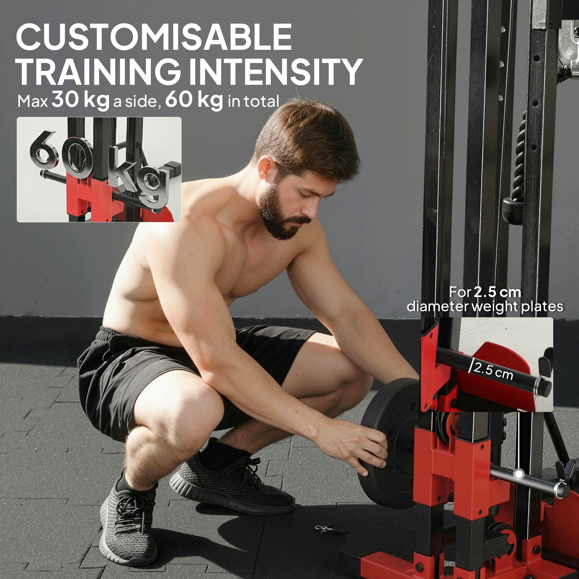 Sportnow power tower with lat pull and pull-up bar featuring red and black adjustable weight rack up to 60 kg total