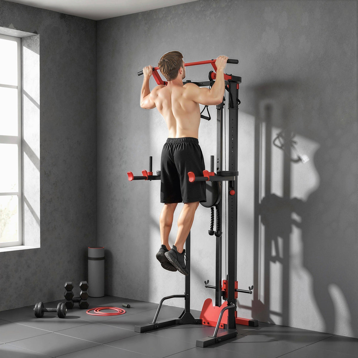 Black and red sportnow power multi-functional home gym pull-up bar with adjustable height and lat pull features