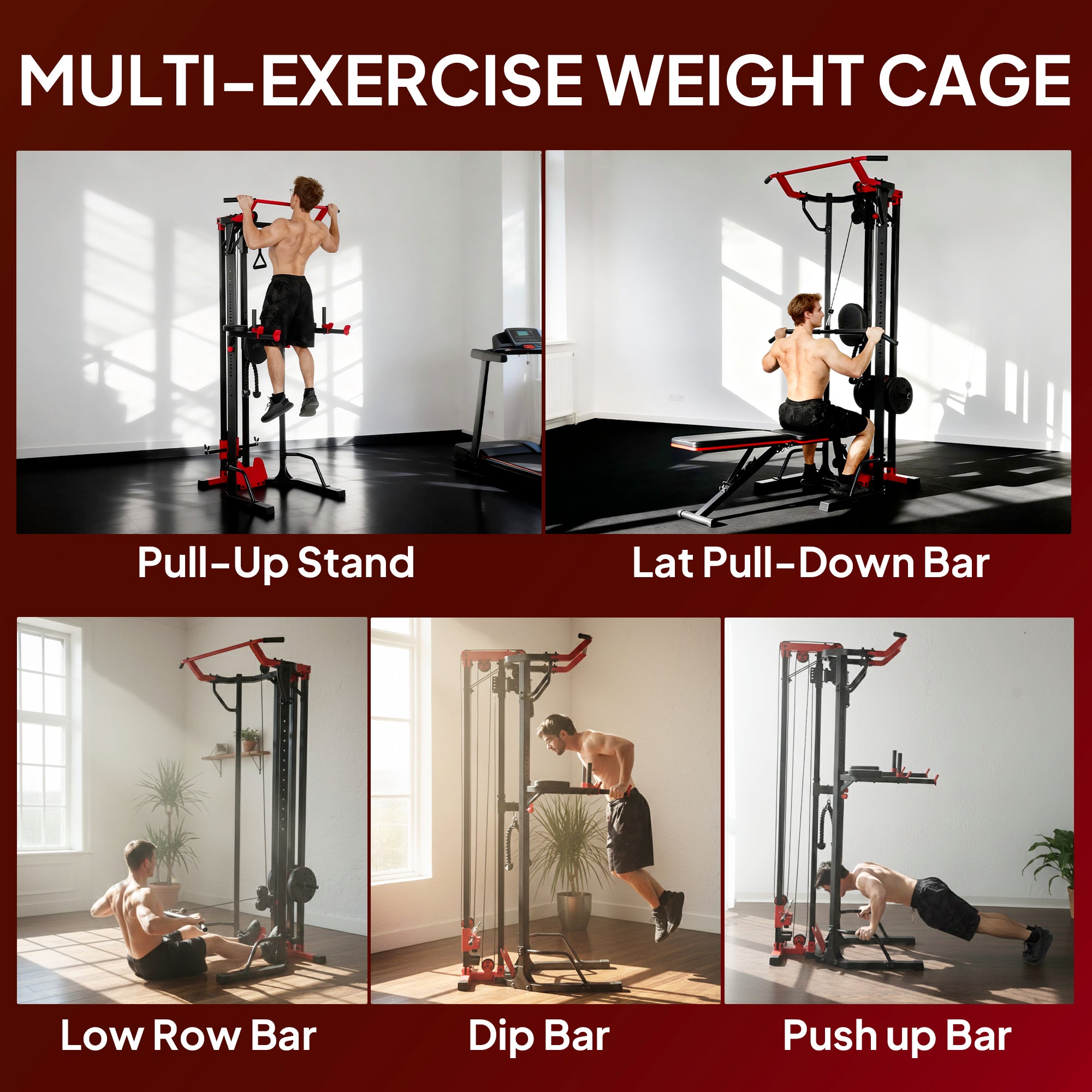Black and red SportNow power exercise cage with lat pull, pull-up bar, dip station, and adjustable bars for home gym use