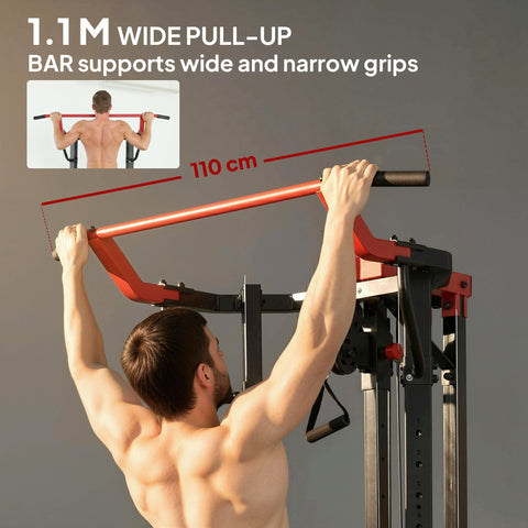 Red 1.1 meter wide sportnow power pull-up bar with black metal frame and adjustable grips for lat pull exercises