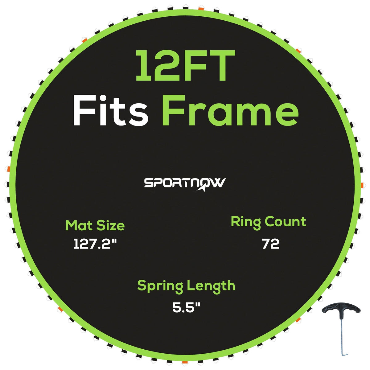 Black circular sportnow trampoline mat with green border and white text for 12ft round trampoline using 14cm springs