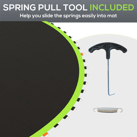 Green and black sportnow trampoline mat with spring pull tool for easy installation on 12ft round trampoline with 14cm springs